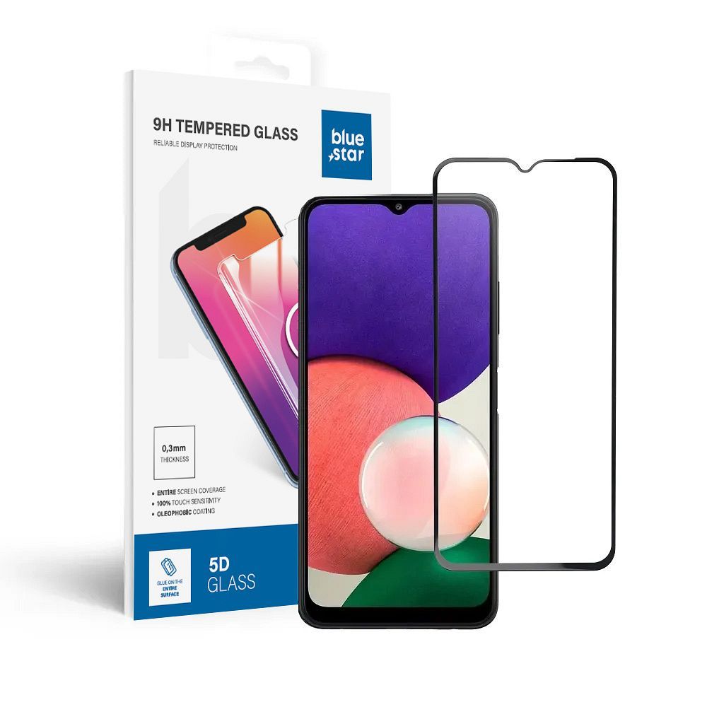 Apsauginis stiklas Blue Star - SAMSUNG A22 5G pilnas paviršius (pilnas klijavimas su rėmeliu/mažas dydis) - juodas Apsauginis stiklas Blue Star