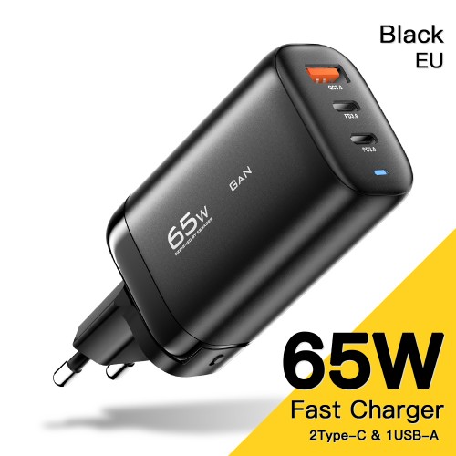 Įkroviklis Essager GaN Shining juodas 65W (QC3.0 / 2xPD65W)