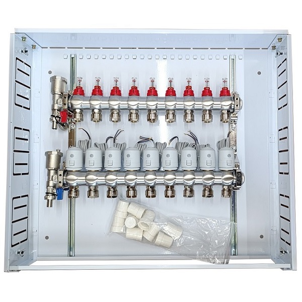 Grindinio šildymo kolektorius 9 kontūrų su terminėmis pavaromis NC AC230V ir debitomačiais