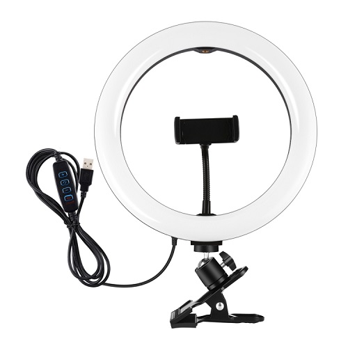 LED žiedinis šviestuvas 26cm su telefono laikikliu ir tvirtinimo spaustuvu, USB