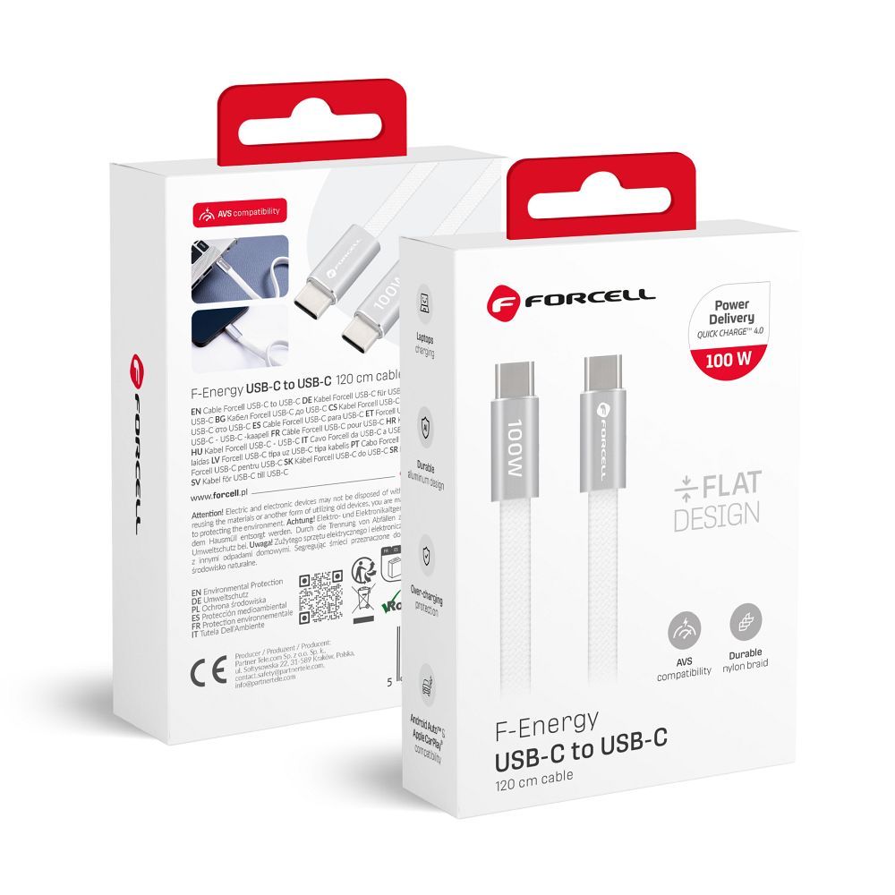 Laidas USB C į USB C Forcell F-Energy QC4.0 PD 5A 100W Cafule Flat 1,2m CCFN23 baltas