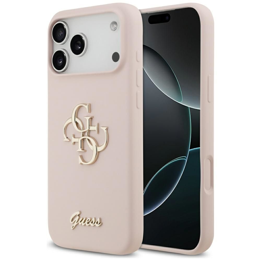 Guess Silikoninis didelis 4G užrašas dėklas iPhone 17 Pro Max - rožinis