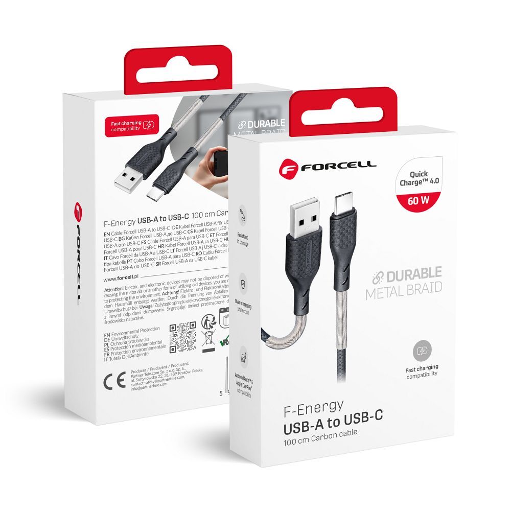FORCELL F-ENERGY Carbon CB-02A kabelis USB A į Type C QC4.0 5A 60W 1 m juodas