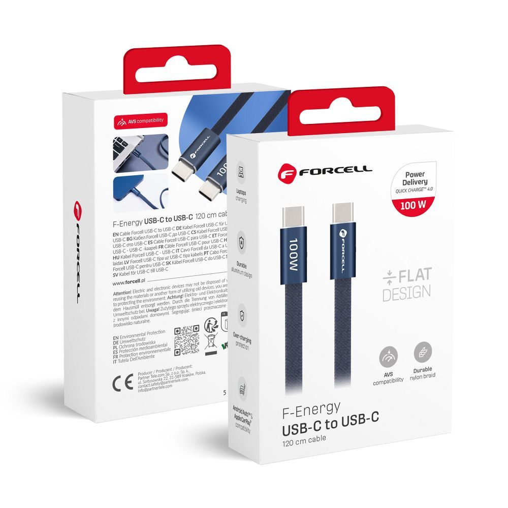 Laidas USB C į USB C Forcell F-Energy QC4.0 PD 5A 100W Cafule Flat 1,2 m CCFN23 tamsiai mėlynas