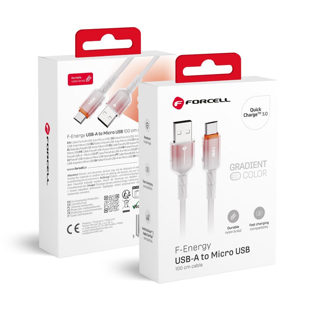 Cable USB A to Micro USB Forcell F-Energy QC3.0 2,4A 18W Gradient 1 m C351 white