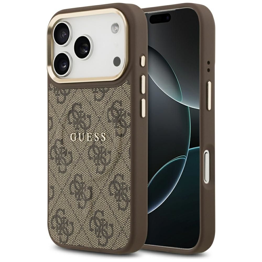 Guess 4G PU Classic Logo Magnetinis dėklas telefonui iPhone 17 Pro - rudas