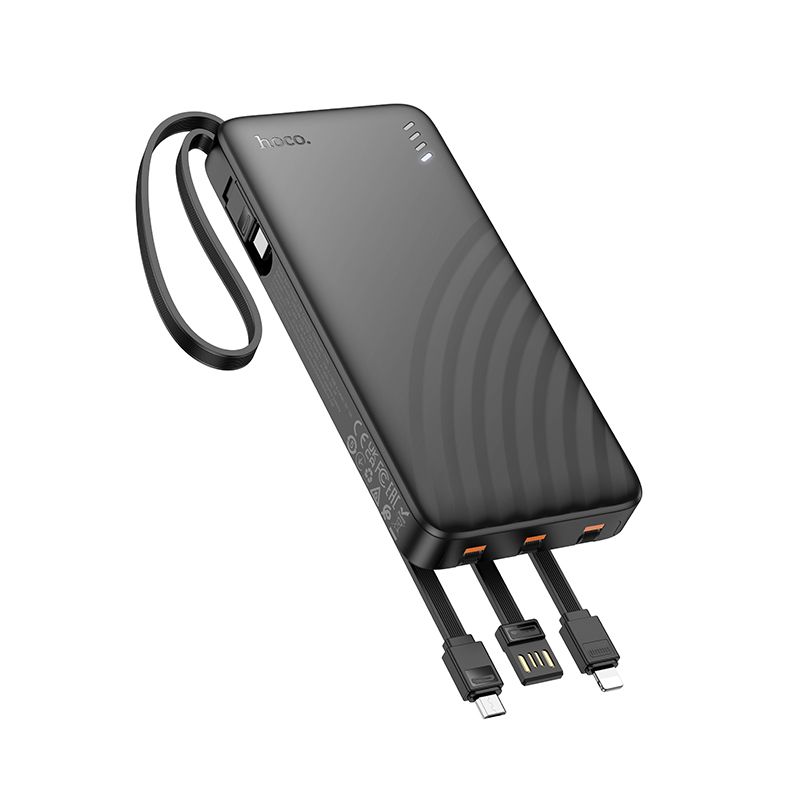 Išorinė baterija Hoco 10000 mAh 2A su keturiais integruotais laidais USB A + USB C + Lightning + Micro USB J146 juoda