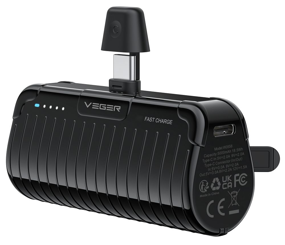 VEGER išorinė baterija 5000 mAh su įmontuotu jungtimi Type C PlugOn PD QC3.0 3A 20W W0558 juoda