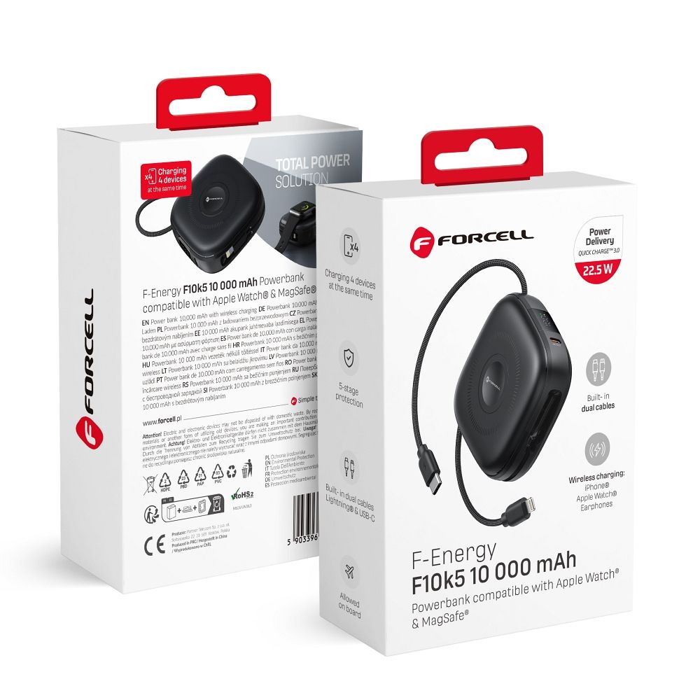 Išorinė baterija suderinama su MagSafe Forcell F-Energy F10K5 PD3.1 QC3.0 3A 22,5W 10000 mAh suderinama su Apple Watch juoda