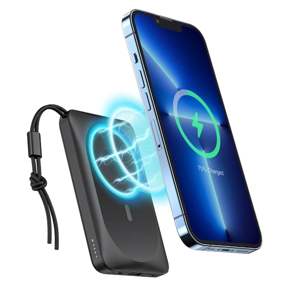 VEGER išorinė baterija 10000 mAh su belaidžiu įkrovimu suderinama su MagSafe PD QC3.0 2A 20W MagOn (VP1151 / W1151) juoda