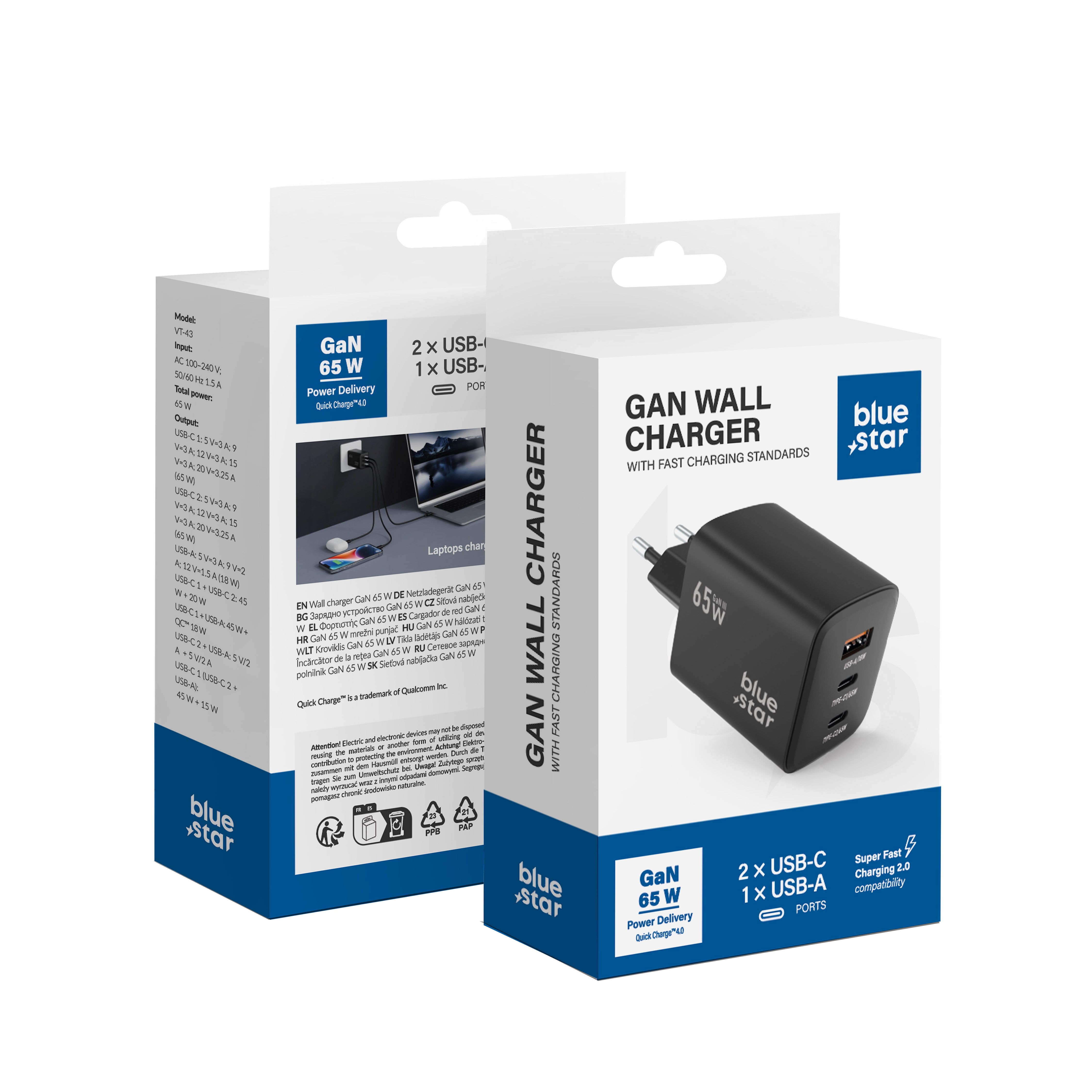 BLUE STAR kelioninis įkroviklis GaN 4A 65W 2 x Type C + USB A PD QC4.0 VT-43 juodas