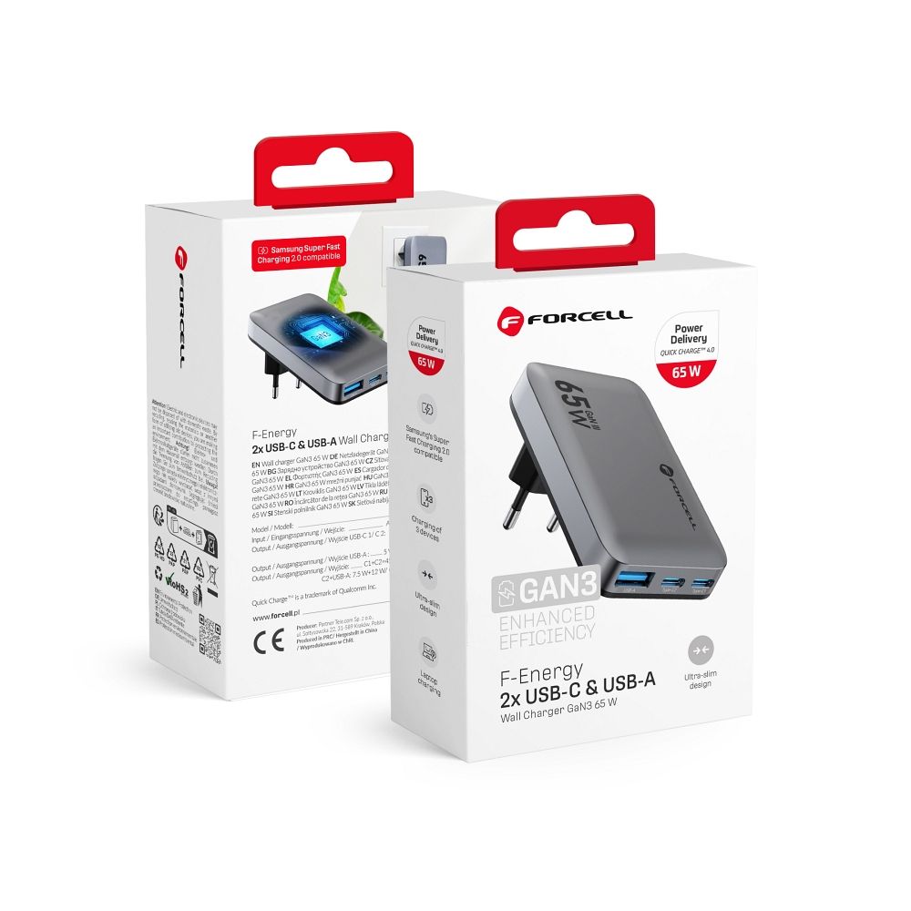 FORCELL F-ENERGY GaN III VT-47 itin plonas kelioninis įkroviklis 2 x Type C + USB A PD QC4.0 4A 65W pilkas