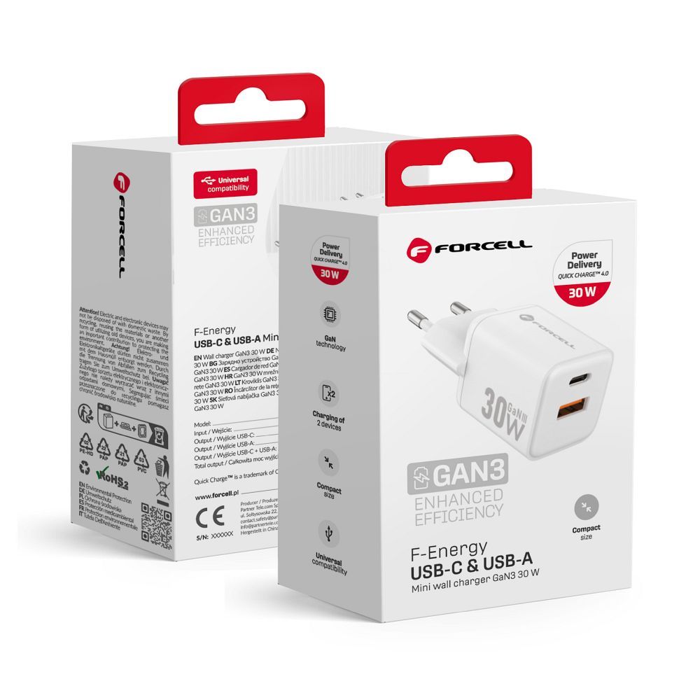 FORCELL F-ENERGY Mini GaN III VT-35 kelioninis įkroviklis su 1 x Type C + 1x USB A lizdais, PD QC4.0 30W baltas