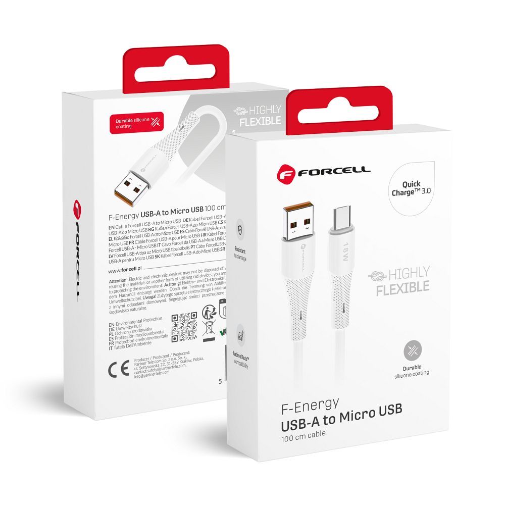 Kabelis FORCELL F-ENERGY C341 USB A į Micro USB QC3.0 2,4A 18W Silikoninis 1 m baltas (m)