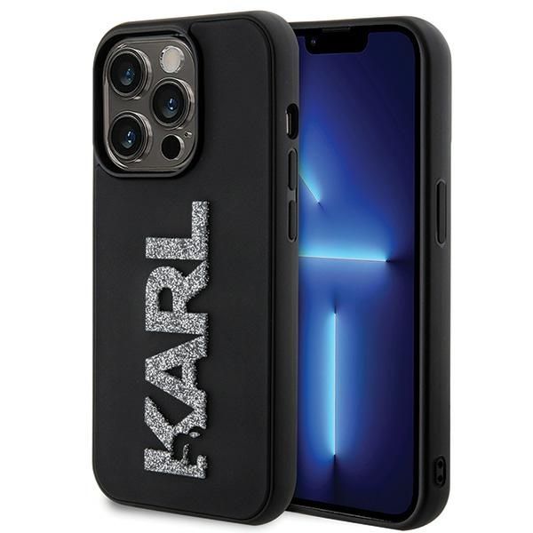 Karl Lagerfeld 3D guminis blizgus logotipas dėklas telefonui iPhone 15 Pro Max - juodas