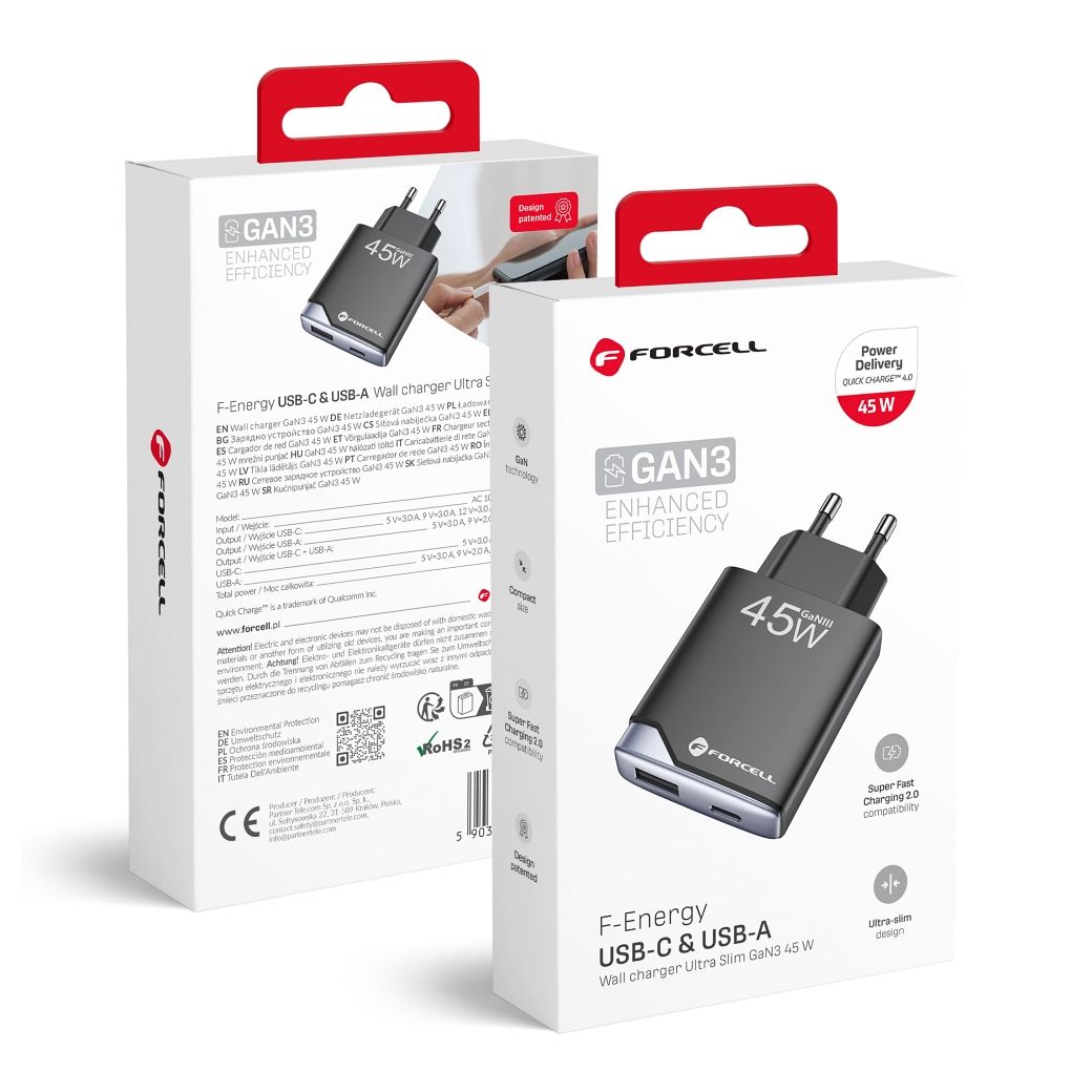 FORCELL F-ENERGY GaN III B245202(1A1C) itin plonas kelioninis įkroviklis 1 x Type C + 1 x USB A PD QC4.0 3A 45W juodas