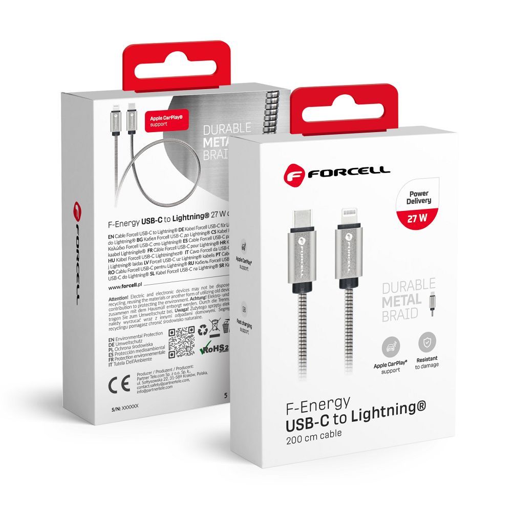 FORCELL F-ENERGY Metal C238 kabelis Type C į Lightning PD 3A 27W 2 m sidabrinis