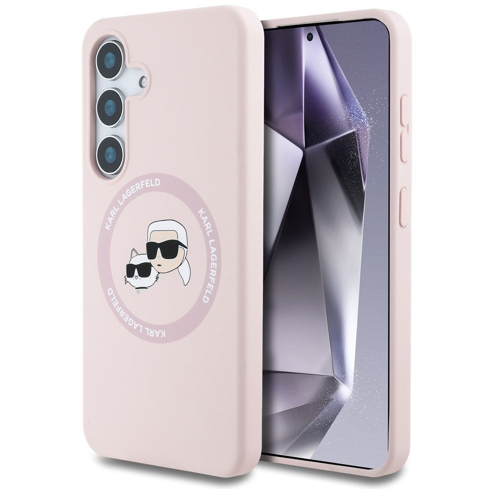 Karl Lagerfeld silikoninis dvigubų galvų ir apskritimo magnetinis Samsung Galaxy S25 dėklas rožinis