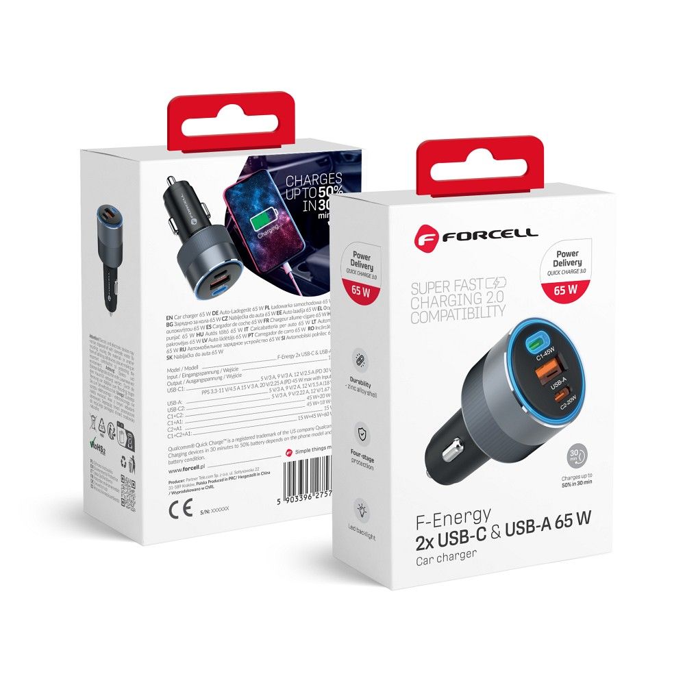 FORCELL F-ENERGY Alu automobilinis įkroviklis 2 x Type C + USB A PD QC4.0 SFC 2.0 4,5A 65W pilkas