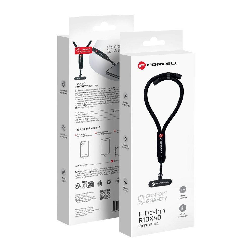 FORCELL F-DESIGN R10X40 riešo telefono virvelė su reguliuojamu ilgiu (maks. 20cm kilpoje) juoda