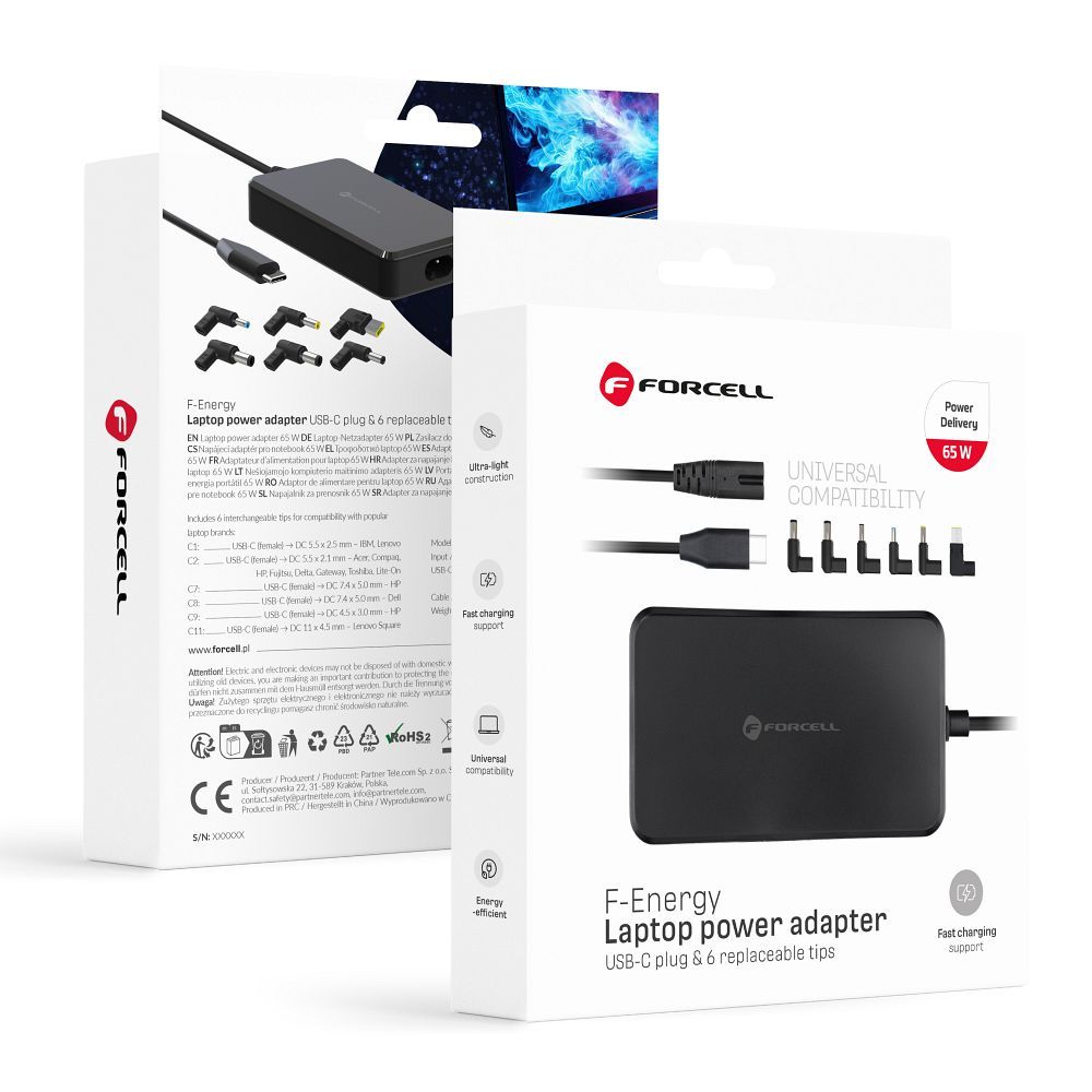 FORCELL F-ENERGY E856 universalus nešiojamojo kompiuterio įkroviklis 65W (6 adapteriai) juodas