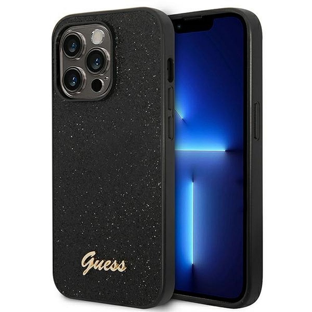 Guess Glitter Script dėklas telefonui iPhone 14 Pro - juodas