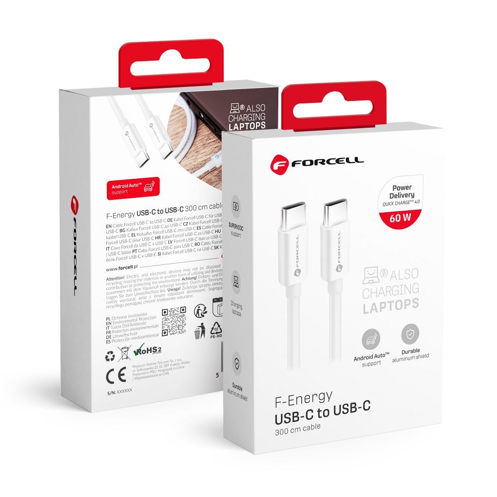 Kabelis FORCELL F-ENERGY C338 Type C į Type C PD QC4.0 3A 60W 3 m baltas