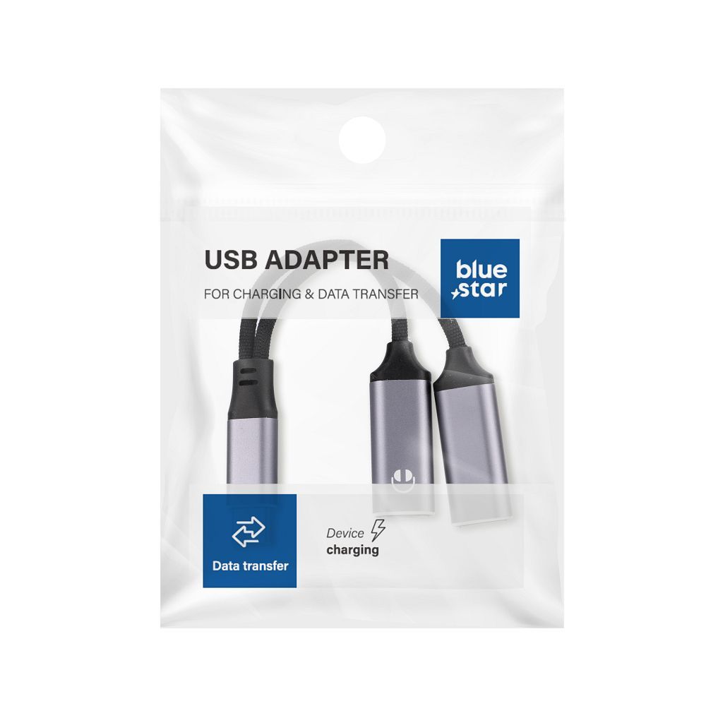 Adapteris AUX 2in1 Type C vyriška to Type C moteriška / Type C moteriška Blue Star juodas [DAC] - max 25W krovimas