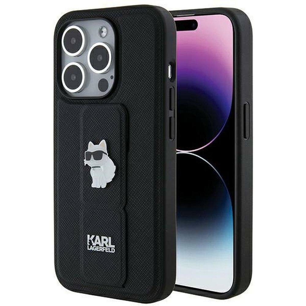 Karl Lagerfeld Gripstand Saffiano Choupette Pins dėklas telefonui iPhone 14 Pro Max - juodas