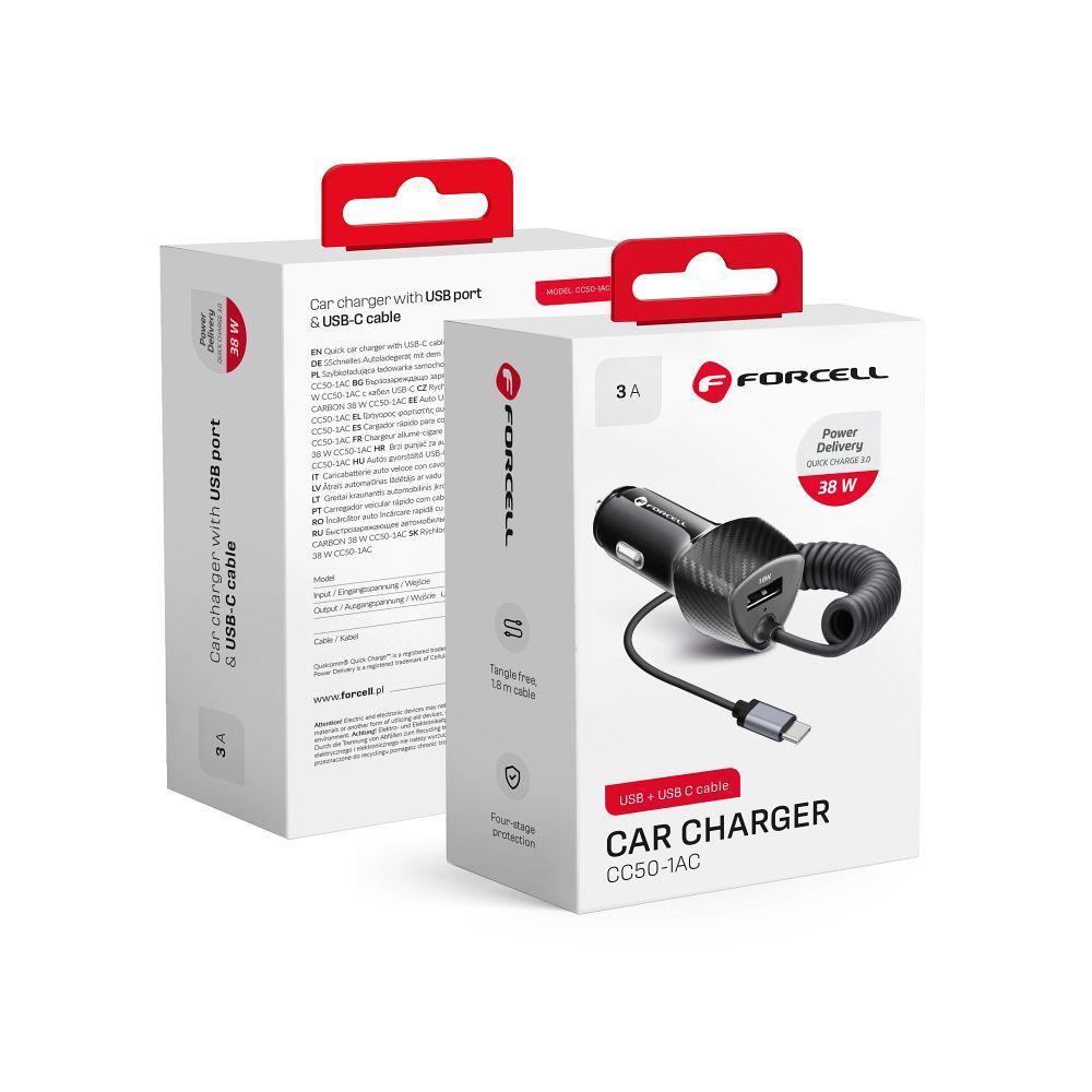 FORCELL F-ENERGY Carbon CC50-1AC automobilinis įkroviklis USB A su kabeliu Type C PD QC3.0 3A 38W juodas