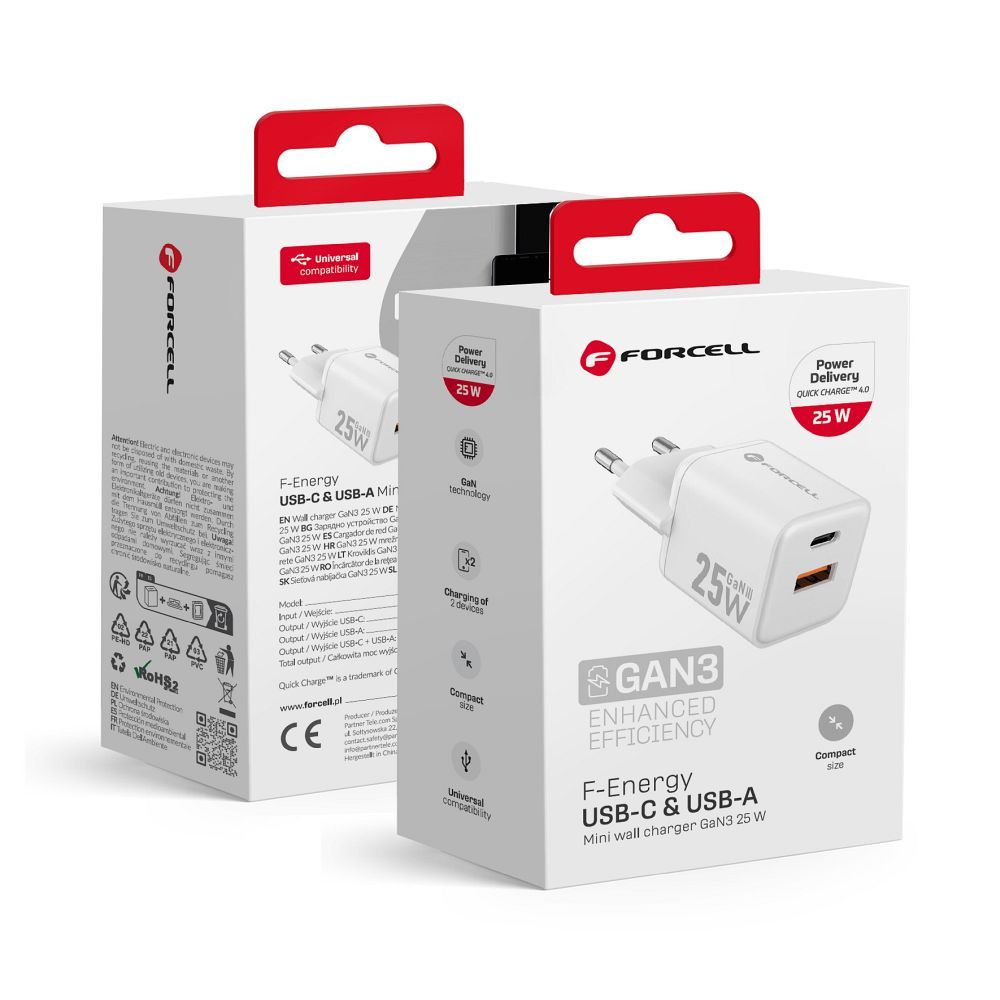 FORCELL F-ENERGY Mini GaN III VT-25B kelioninis įkroviklis su 1 x Type C + 1x USB A lizdais, PD QC4.0 25W baltas