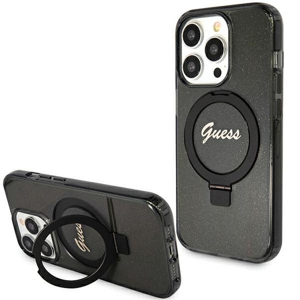 Guess dėklas telefonui su stovu Ring Stand Script Glitter magnetinis iPhone 15 Pro Max - juodas