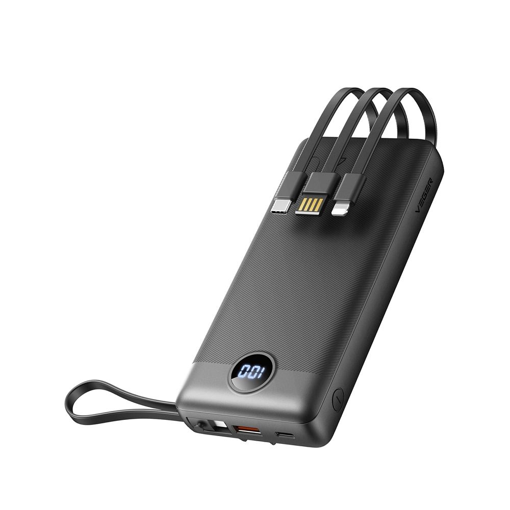 VEGER Išorinė baterija 20000 mAh su įmontuotu kabeliu Micro USB / Type C / Lightning C20 (W2047 / W2059) juoda