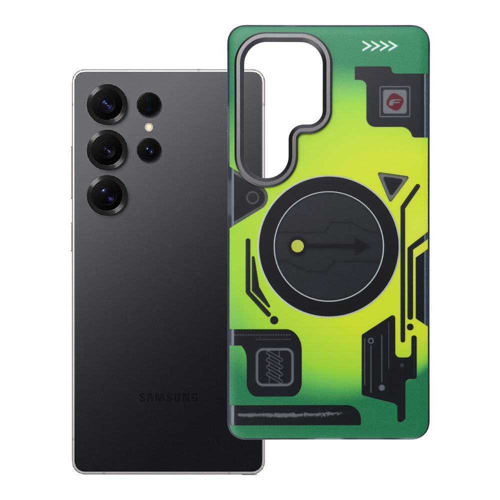 Dėklas telefonui FORCELL F-PROTECT Levels su dviguba 4D technologija, militarinis kritimo testas, suderinamas su MagSafe, SAMSUNG S25 ULTRA, cyber žalias