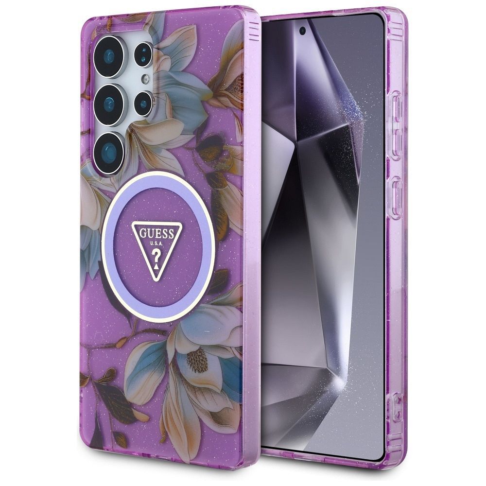 GUESS dėklas SAMSUNG S25 Ultra GUHMS25LHFLPEDU (Magnetinis IML metalinis blizgesys gėlių trikampis) violetinė