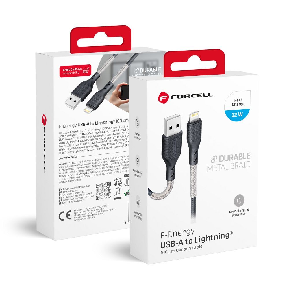FORCELL F-ENERGY Carbon CB-01A kabelis USB A į Lightning 2,4A 12W 1 m juodas