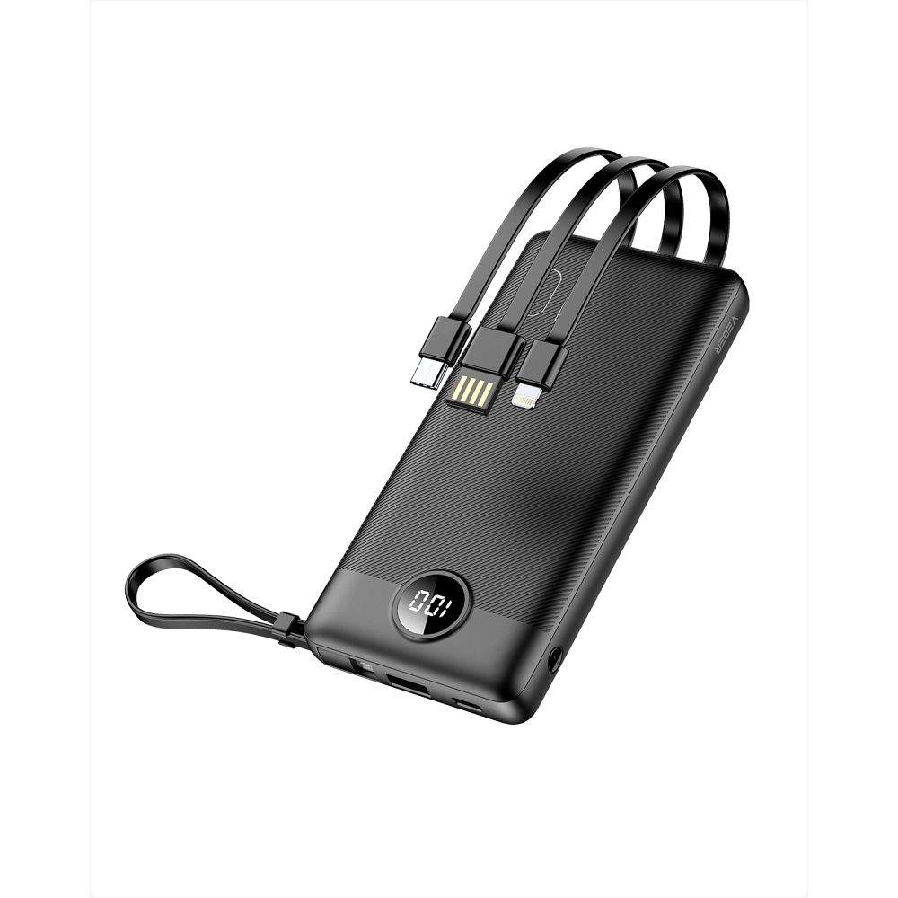 VEGER išorinė baterija 10000 mAh su įmontuotais kabeliais Micro USB / Type C / Lightning C10 (W1116) juoda