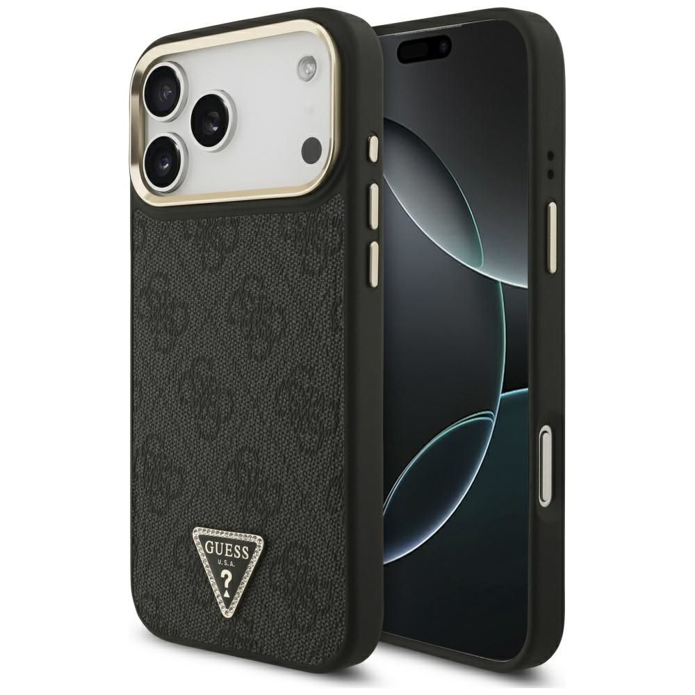 Guess 4G trikampio logotipo magnetinis dėklas telefonui iPhone 17 Pro Max - juodas ir auksinis