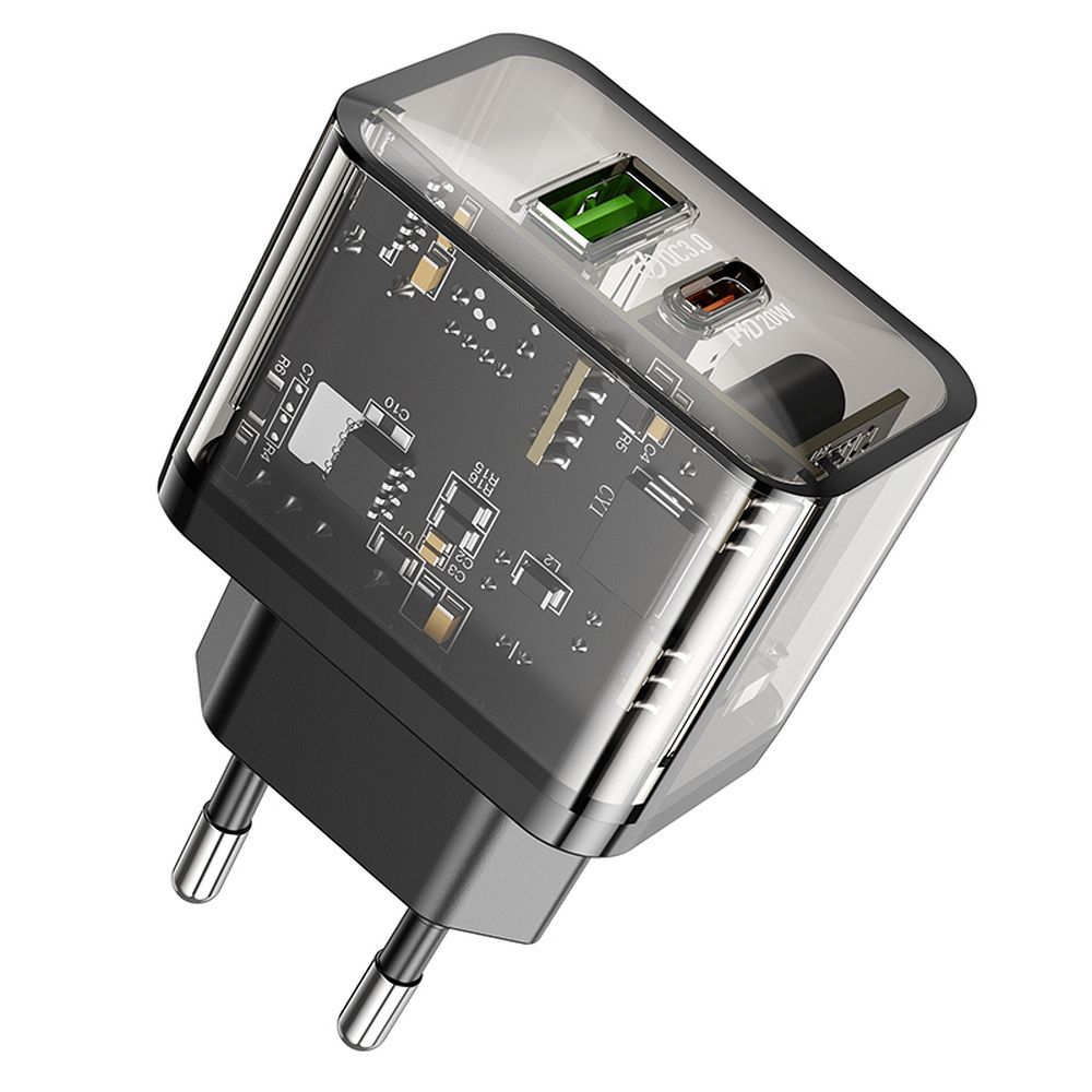 Įkroviklis telefonui Hoco USB A + USB C QC3.0 PD 3A 20W N34 skaidrus