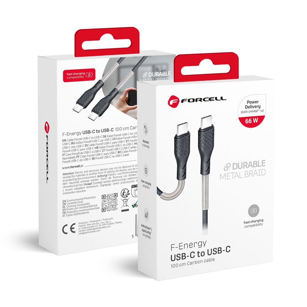 FORCELL F-ENERGY Carbon CB-02C kabelis Type C į Type C PD QC4.0 5A 66W 1 m juodas