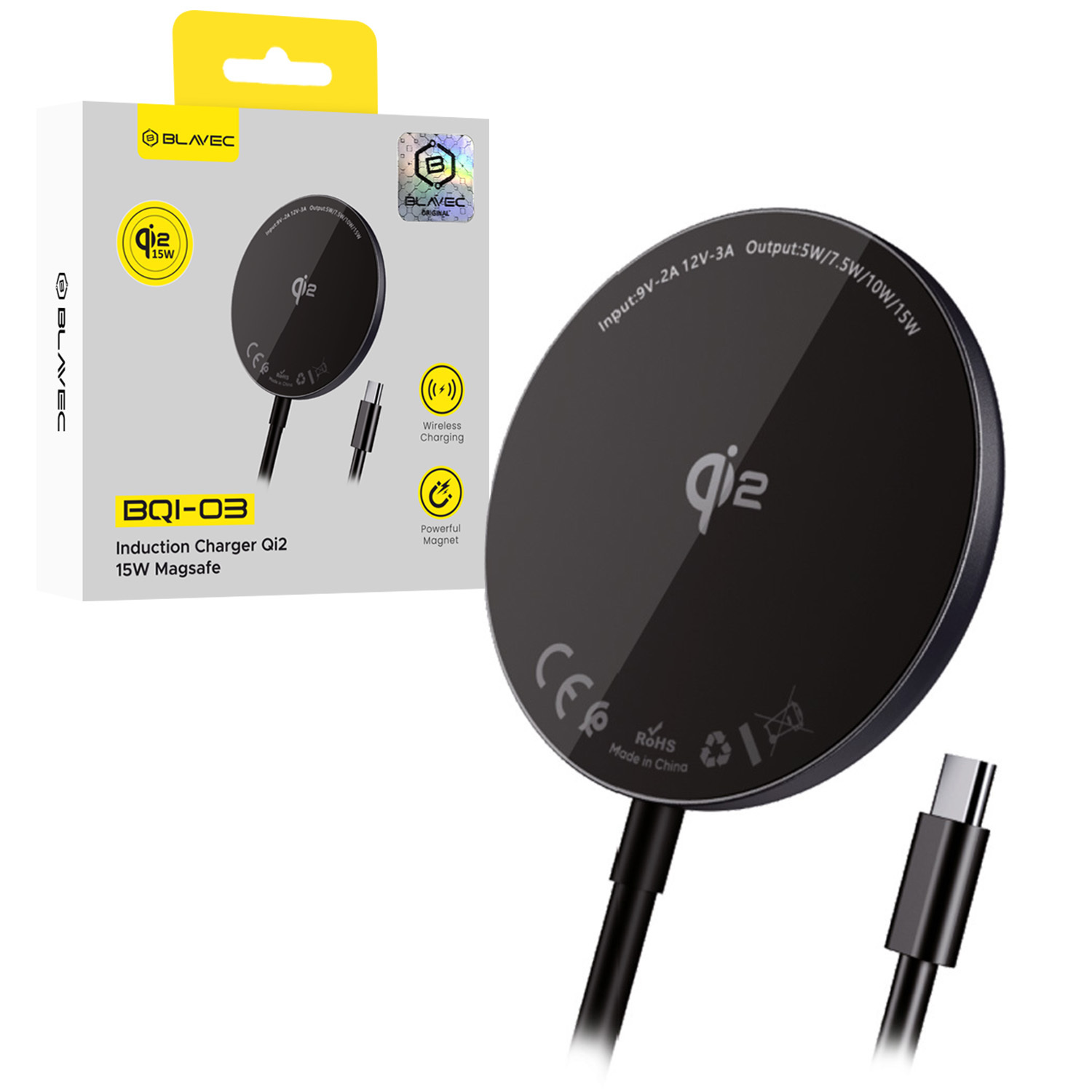Blavec индукционное зарядное устройство BQI-03 Qi2 15W магнитное MagSafe (BQI03-QI2MB) чёрное