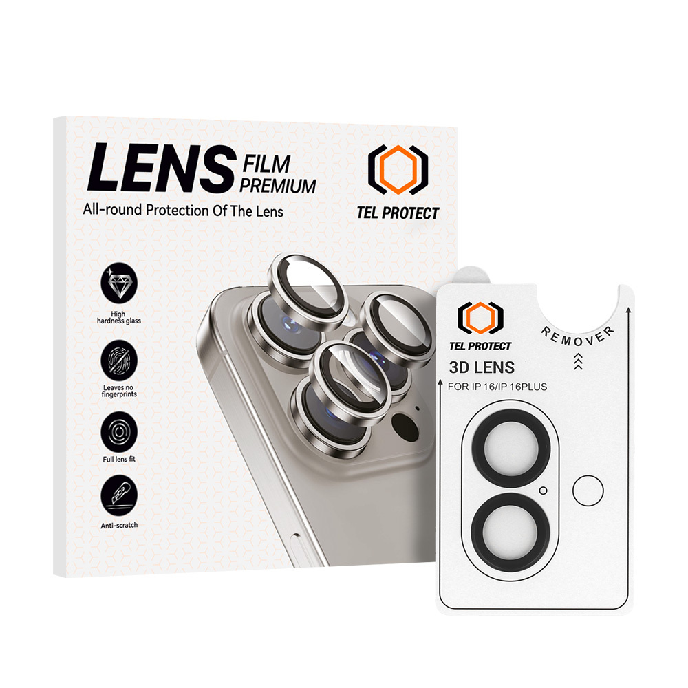Grūdintas stiklas Tel Protect 3D objektyvo apsaugai ant kameros iPhone 16/16 Plus juodi (lęšiai 2 vnt.)