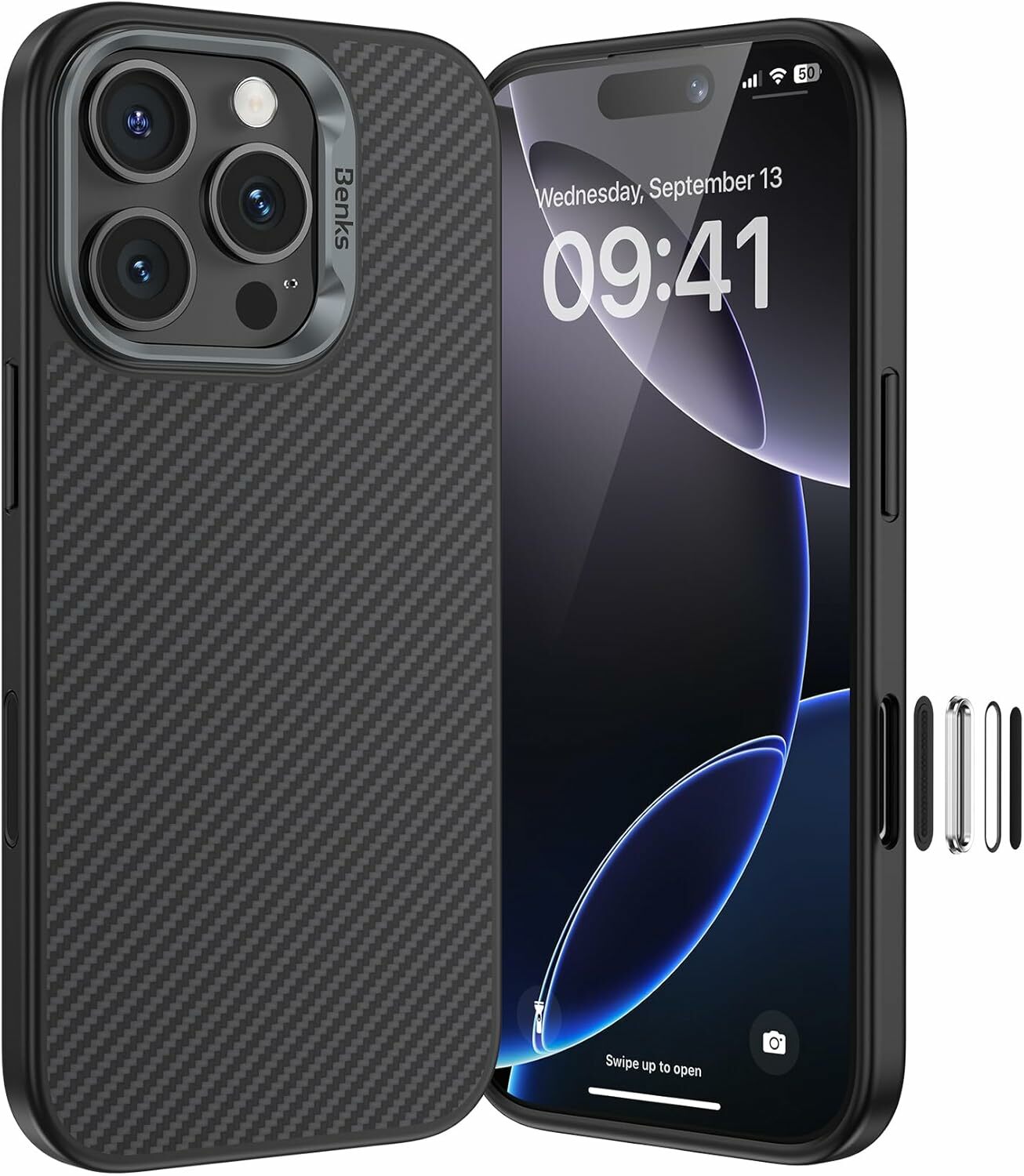 Benks Magnetinis Armor Pro Kevlar dėklas Metalinis rėmas 600D (D065) Iphone 16 Pro juodas (Kameros valdymo mygtukas)