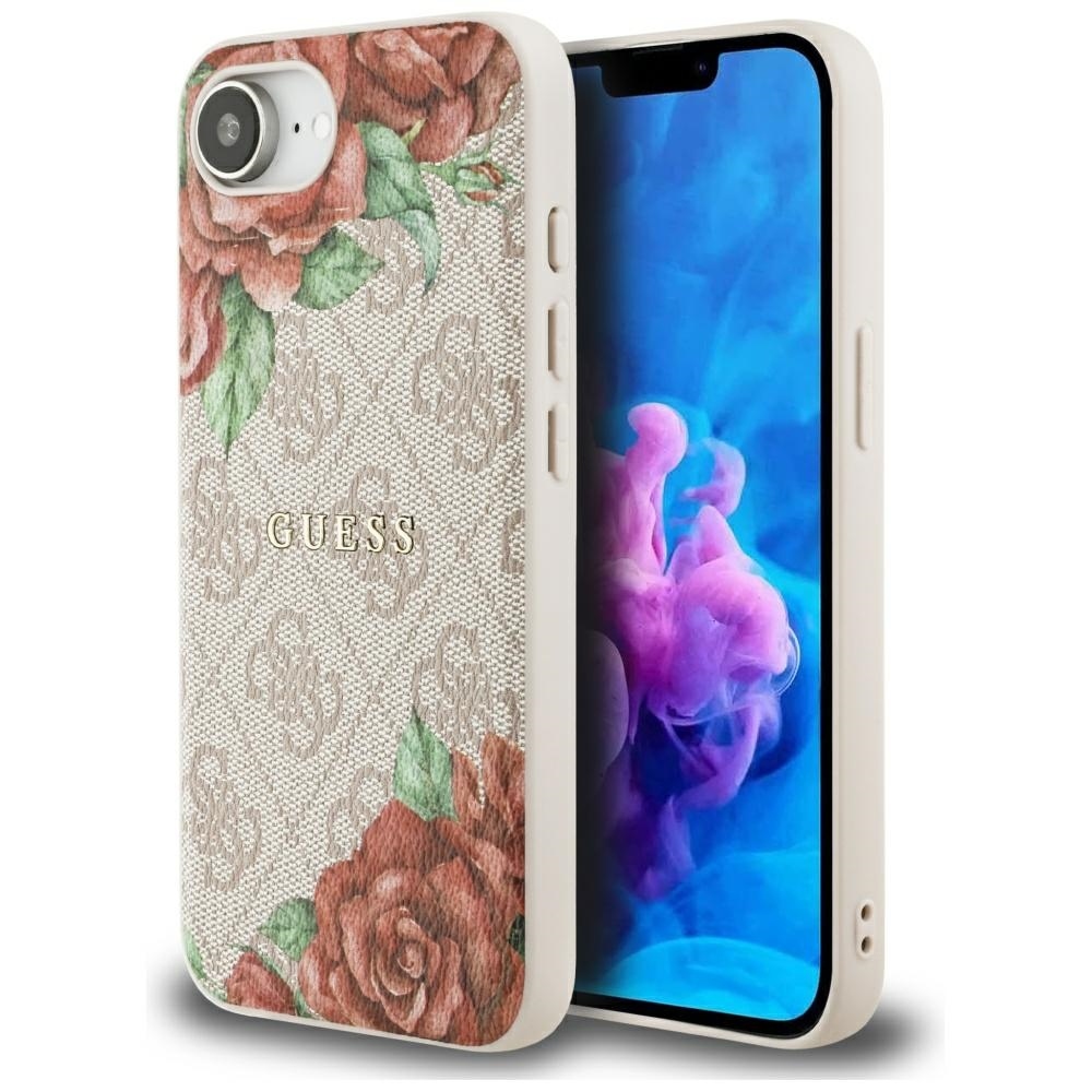 Guess 4G Flowers Print Magnetinis dėklas telefonui iPhone 16e - rožinis