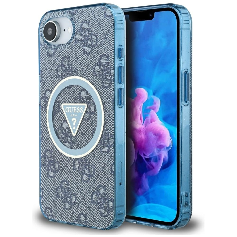 Guess IML Metal Glitter 4G Circle Triangle Magnetinis dėklas telefonui iPhone 16e - mėlynas