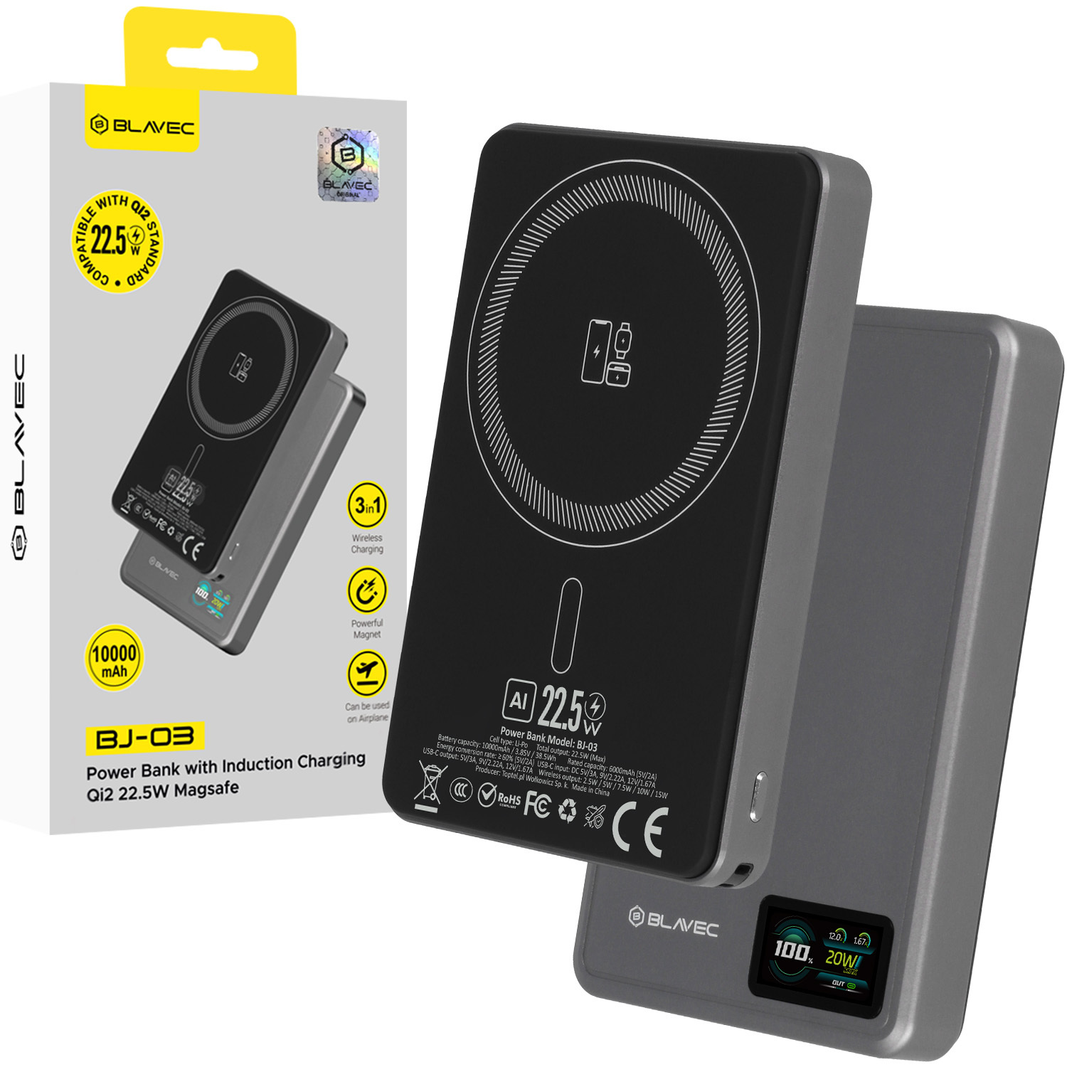 Blavec Išorinė baterija 10000mAh BJ-03 Plona 13,5mm - Type C - 22,5W magnetinė Magsafe 3 in 1 (PBBJ03-MC10G) pilka