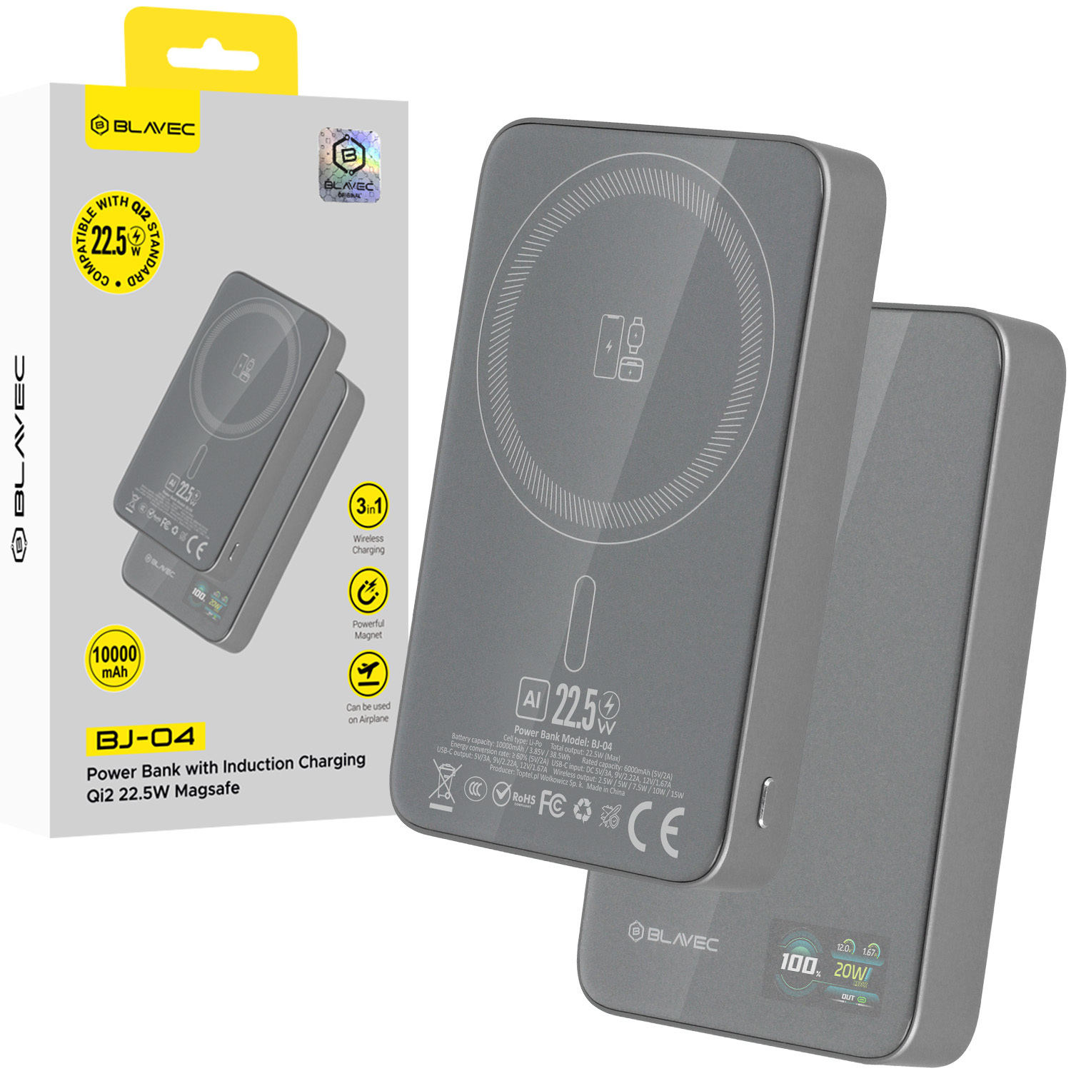 Blavec Išorinė baterija 10000mAh BJ-04 Plona 13,5mm - Type C - 22,5W magnetinė Magsafe 3 in 1 (PBBJ04-MC10G) pilka stiklas