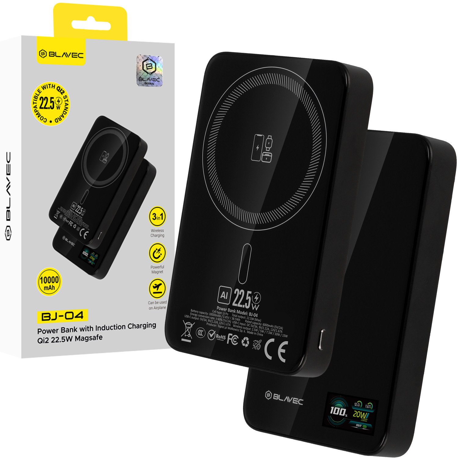 Blavec Išorinė baterija 10000mAh BJ-04 Plona 13,5mm - Type C - 22,5W magnetinė Magsafe 3 in 1 (PBBJ04-MC10B) juoda stiklas