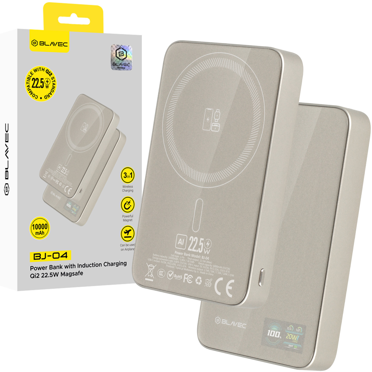 Blavec Išorinė baterija 10000mAh BJ-04 Plona 13,5mm - Type C - 22,5W magnetinė Magsafe 3 in 1 (PBBJ04-MC10GD) auksinė stiklas