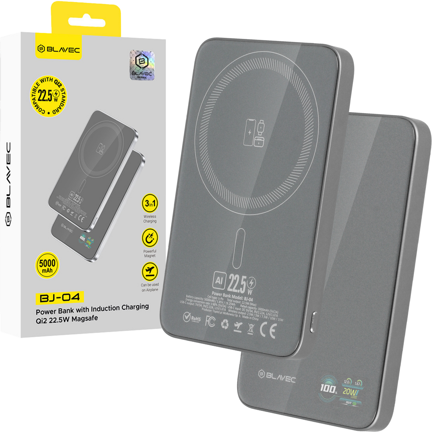 Blavec Išorinė baterija 5000mAh BJ-04 Itin Plona 7,8mm - Type C - 22,5W magnetinė Magsafe 3 in 1 (PBBJ04-MC5G) pilka stiklas
